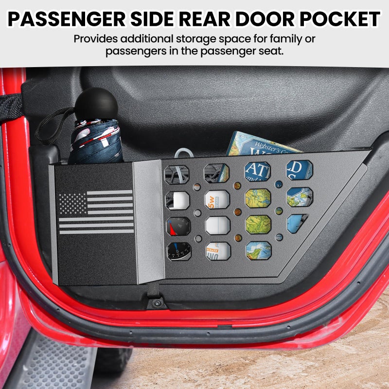 DIAMOOKY Metal Rear Door Pocket Storage Box for Jeep Wrangler JL JLU 4XE 2018-2025 & Gladiator JT 2020-2022 2023 2023 2024 2025 Accessories Door Storage Organizer Molle Panels  Flag  2PCS - Image 4